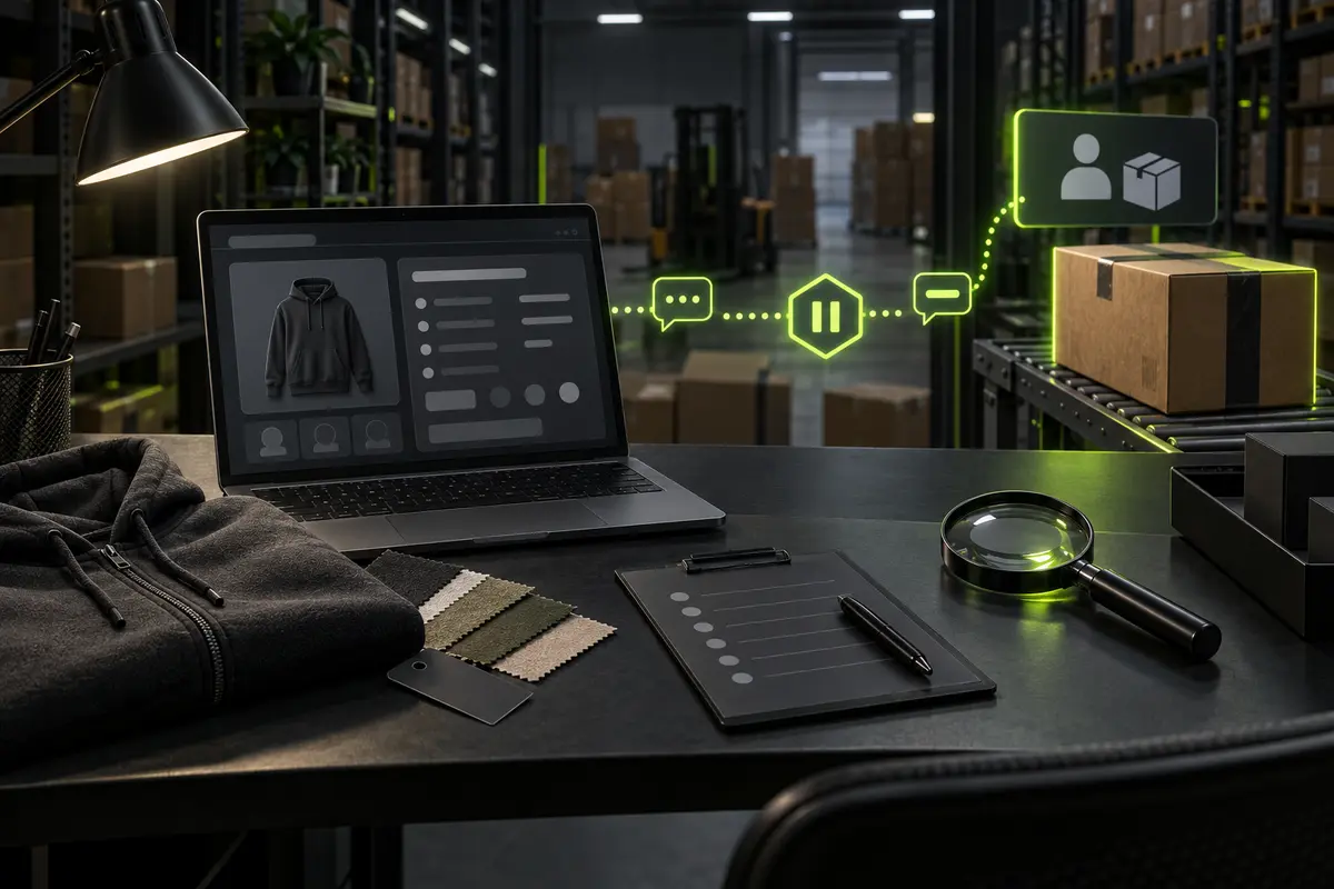 Warehouse buying desk with product record, garment swatches, seller communication path and purchase checkpoint