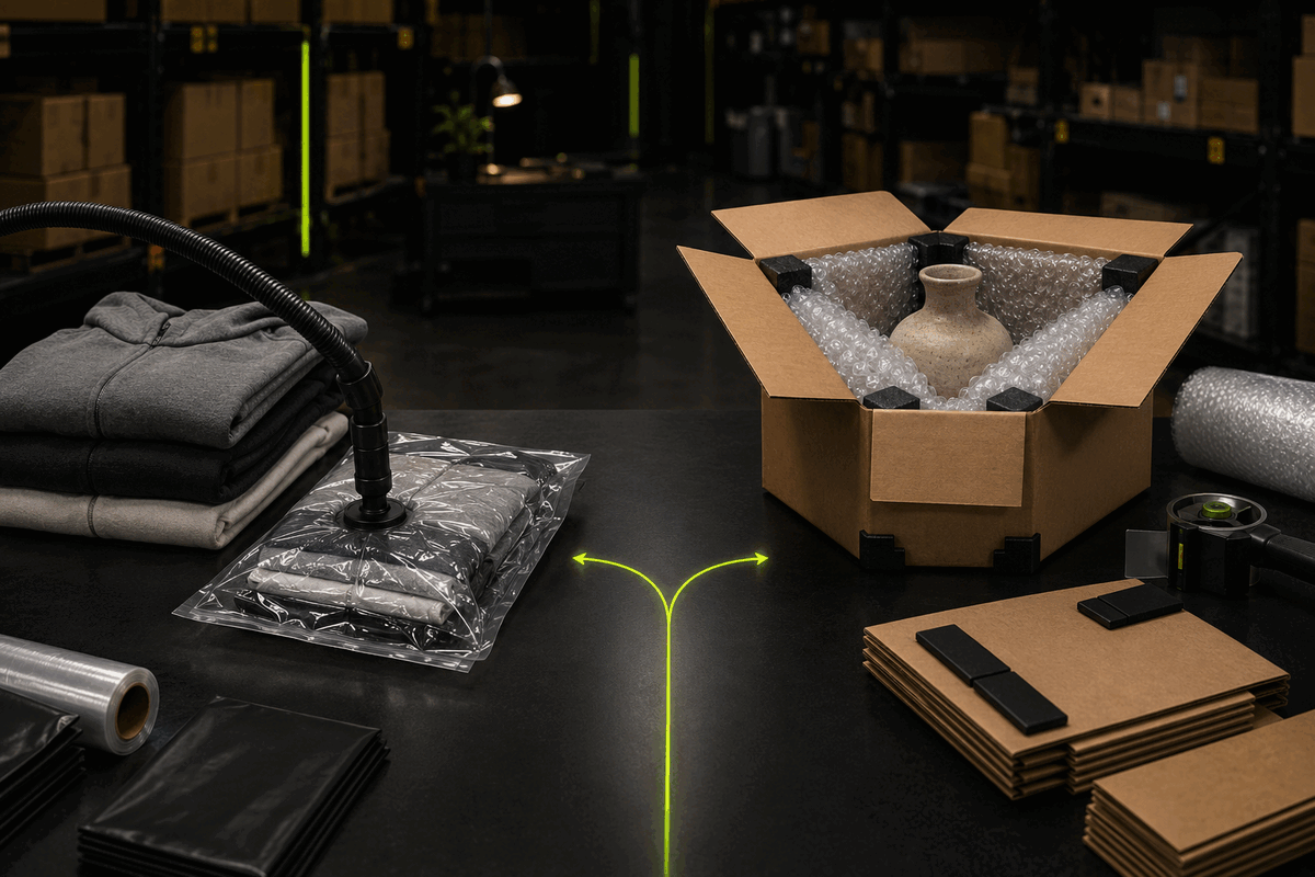 Vacuum-packed clothing and a bubble-wrapped fragile object shown as two warehouse packaging choices