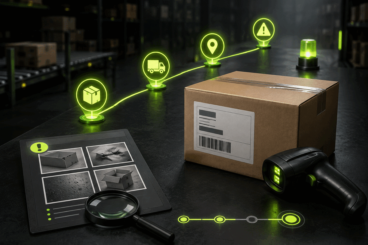 Sealed parcel beside scanning checkpoints, a handheld scanner and a delivery evidence board