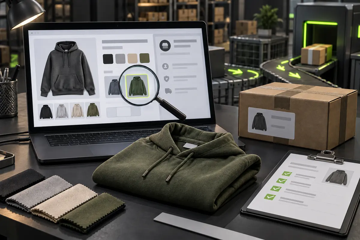 Product listing, clothing sample, variant swatches and parcel checked before warehouse delivery