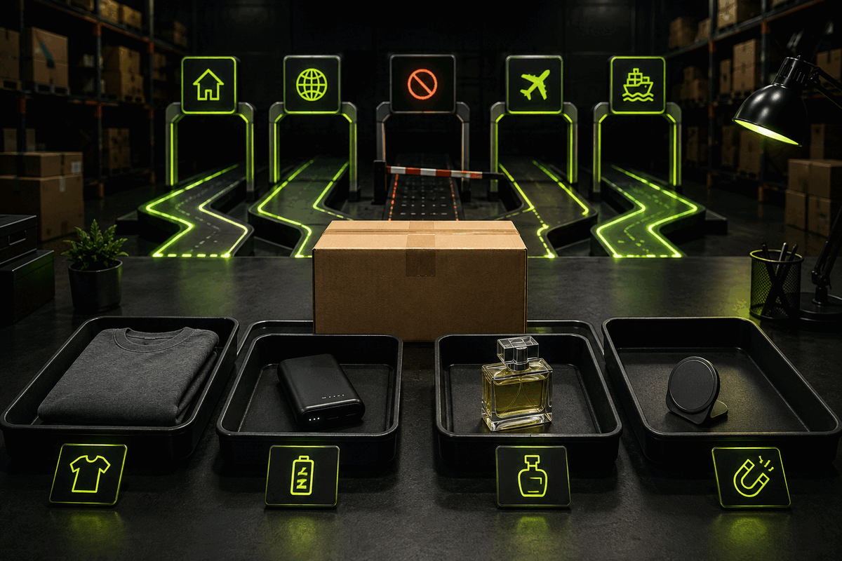 Ordinary clothing, a battery device, perfume and a magnetic item being screened through international shipping routes