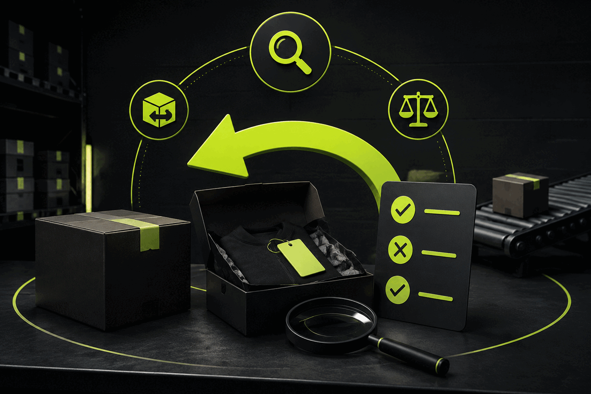 Warehouse inspection desk with parcel, checklist, magnifier and return arrow