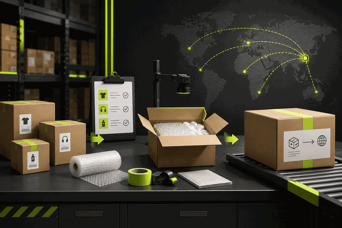 Self-purchased parcels moving through warehouse intake, QC and consolidation