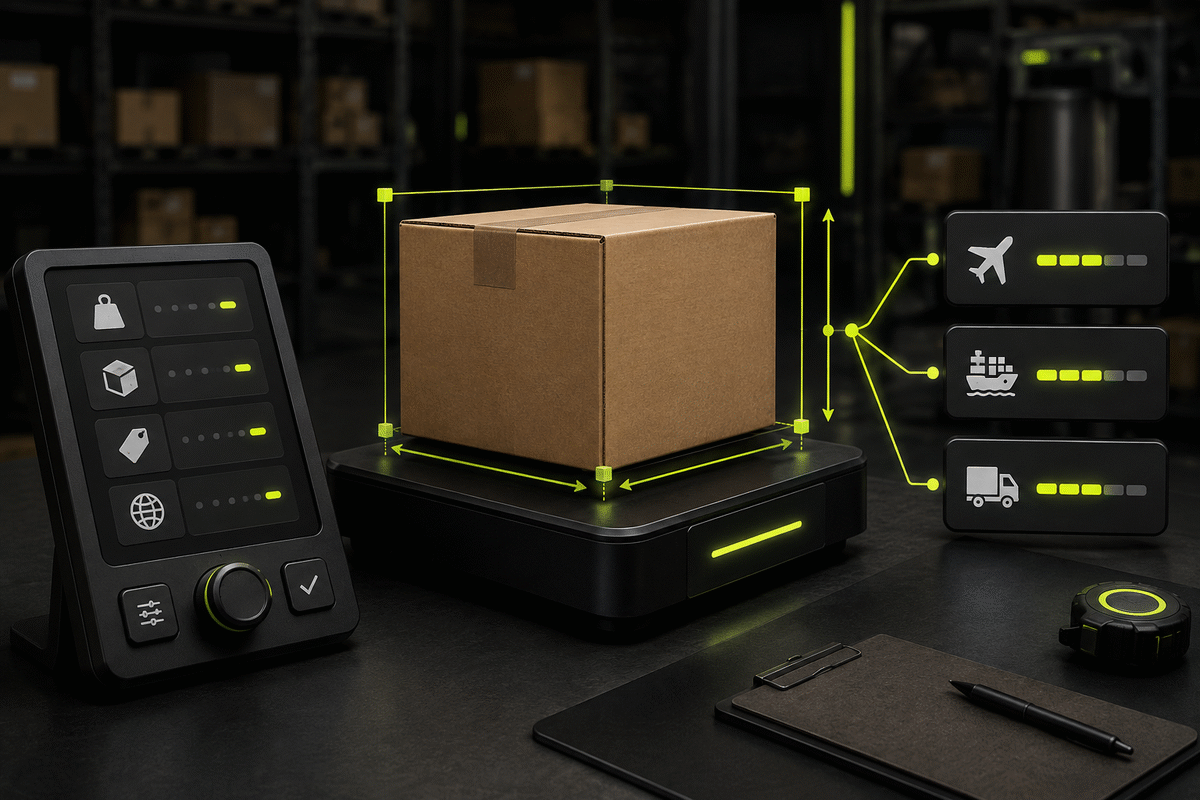 Parcel on a digital scale with measurement guides, commodity controls and three eligible shipping route nodes